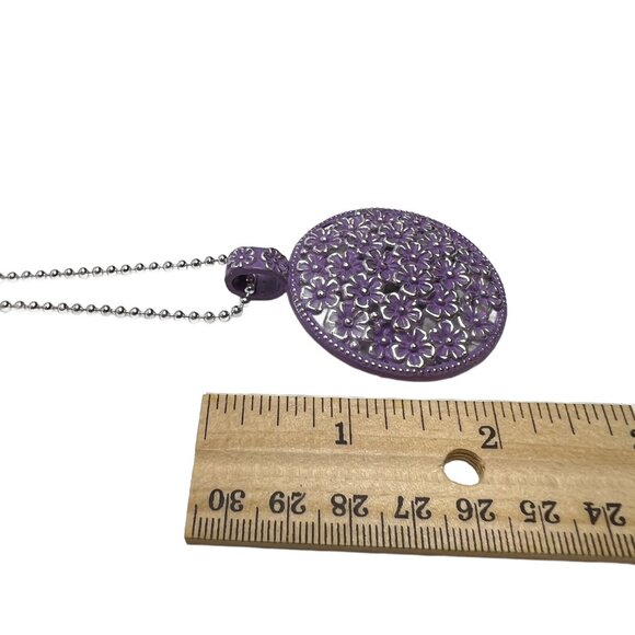 Purple Patina Floral Pendant Medallion Ball Chain Shiny Silver Tone Handmade - Picture 7 of 10